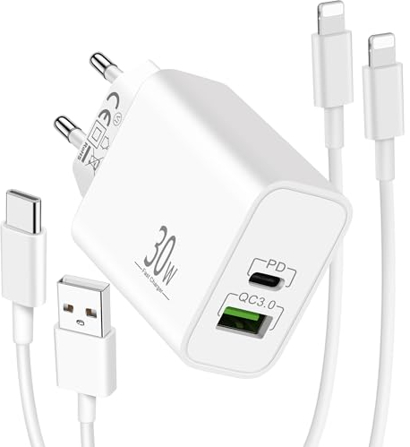 LUOSIKE Chargeur iPhone 30W et 2X Câble 2m, Prise Adaptateur Secteur 2 Ports avec Câbles USB-C/A vers Lightning, Embout Chargeur Rapide Compatible avec iPhone 14/13/12/11/Pro Max/Mini/SE/XS/XR/X/8
