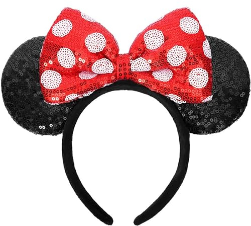 HXPLN Mausohren Schleife Stirnbänder Maus Ohren Haarreif mit rote Schleife Glitzer Haarreifen Ohren Mouse Haarreifen für Karneval, Fasching, Halloween Party Kostüme