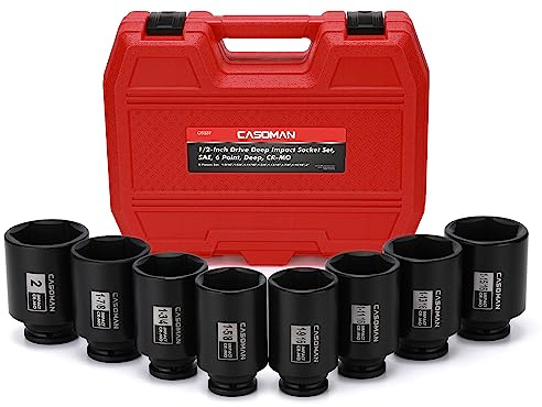 CASOMAN 8 Stück 1/2 Zoll Dr. Deep Impact Steckschlüssel-SAE, 1-9/16 Zoll bis 2 Zoll, 6-Kant, Spindel Achsmutter Schlag-Steckschlüssel-Set, CR-MO, Schlaggrad
