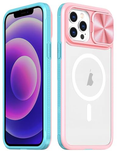 Rdyi6ba8 Clair Coque pour iPhone 12/12 Pro, Transparente Étui [Ne Jaunit Jamais] Protection de la Caméra Étui avec Coulisse Cache Objectif pour iPhone 12/12 Pro - Rose + Vert