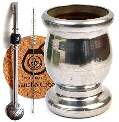 Gaucho Cebar Palo Santo Mate Set di tazze da tè | cannuccia in acciaio inox Bombilla | Mate-tee Tazza Palo Santo in metallo forgiato | Yerba Mate Accessori Set di spazzole in sughero