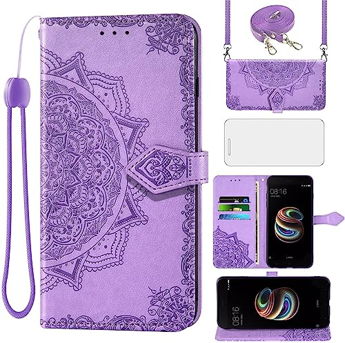 Asuwish Handyhülle für Xiaomi Mi A1/5X Hülle mit Band und Glas Folie Schutzfolie Kartenfach Klappbar Leder Geldbörse Ständer MiA1 Mi5X Handy Hüllen Mandala Schutzhülle Schutzglas Cover Phone Case Lila