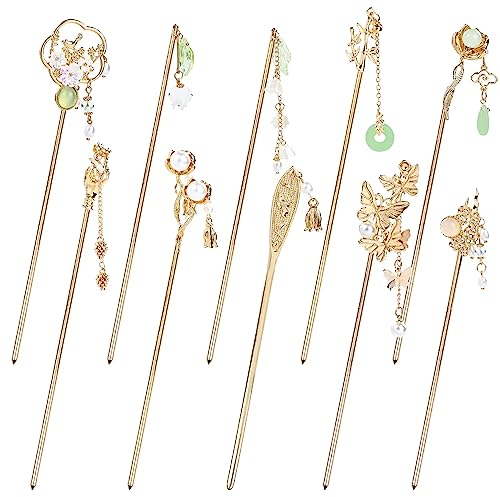 Cinaci 10 Stück Dekorative Gold Metall Haarstäbchen Anstecknadeln mit Anhängern Chinesisch Hanfu Blume Schmetterling Haar Essstäbchen Haar Dutt Hochsteckfrisur Lange Haarnadeln für Frauen Mädchen