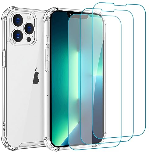 Whioltl Custodia per iPhone 13 Pro con [confezione da 3] pellicole protettive in vetro temperato, cover trasparente per telefono, antigraffio e ammortizzante, custodia trasparente di base compatibile