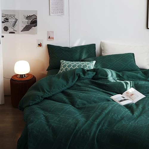 Lanqinglv Bettwäsche 200x220cm Grün Dunkelgrün Waffeloptik Waffle Handstricken Stickerei Geometrisch Muster Wendebettwäsche Set aus Mikrofaser,Bettbezugg und 2 Kissenbezug 80x80cm mit Reißverschluss