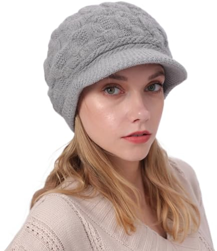 DURINM Warme Winter mütze Fleece Mütze Schirm Visor Wintermütze Damen Warme Gefütterte Wintermützegestrickte Schirmmütze Baseballmütze mit Weiches Dickes Fleecefutter (grau)
