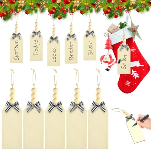 6 Stück Weihnachtsstrümpfe Holz Namensschild mit Karierten Schleifen und Perlen,DIY Weihnachtssocken deko Hängende Ornament für Weihnachten Bauernhof Weihnachtsbaum Dekorationen (Weiß)