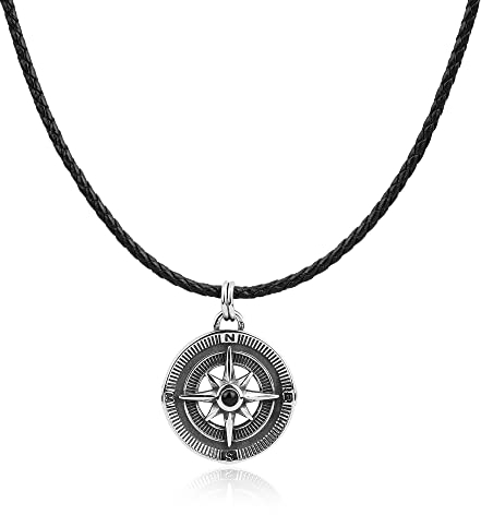 GAVU Collier Cordon en Cuir Noir Pendentif Boussole Acier Inoxydable Homme 50cm