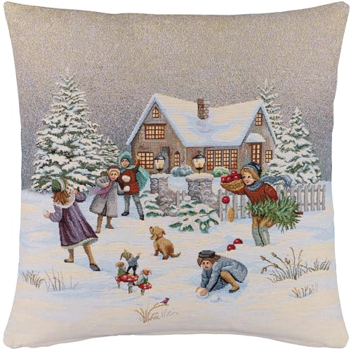 Espamira Kissenhülle Winter 45x45 Gobelin Schneeballschlacht Weihnachtskissen Kissenbezug Dekokissen Kissen Beidseitig Gewebt Reißverschluss