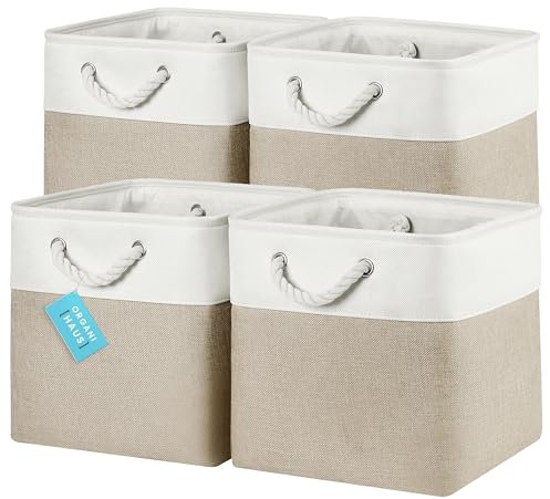 OrganiHaus Aufbewahrungsbox 30x30x30 cm 4er-Set, Stoffwürfel Regalkörbe, Aufbewahrungsbox Stoff, Ablagekörbe für das Kinderzimmer, Faltbox 30x30, Körbe für Kallax, Kisten für Kallax Regal Beige/Weiß