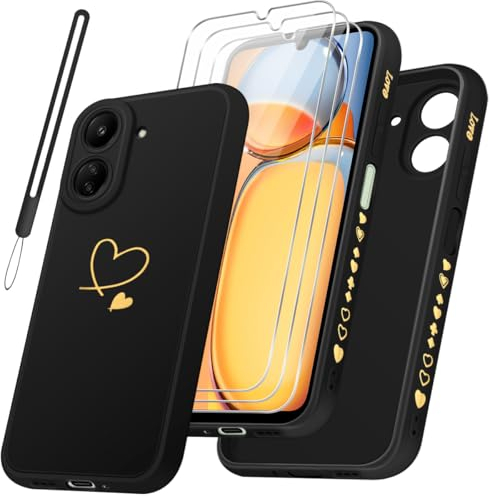 Handyhülle Kompatibel mit Xiaomi Redmi 13C 4G / Xiaomi Poco C65 und 3 Stück Hartglas Schutzfolie + 1 Schlüsselband, Weich und TPU, Stoßfest und Kratzfest Schutzhülle (Schwarz)