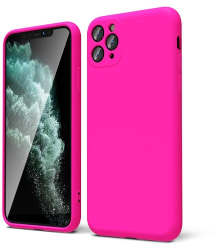 oakxco for iPhone 11 Pro Max Phone Case Liquid Silicone, Neon Bright Solid Color, Thin Slim Soft Rubber Gel Matte TPU Plain Simple Cover for Women Girl Cute, Hot Pink Fuchsia