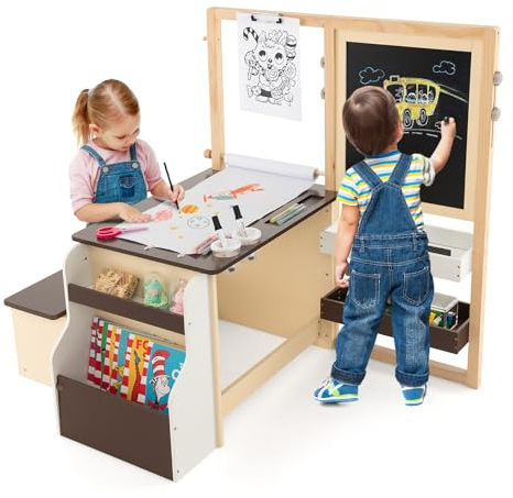 COSTWAY 6 in 1 Kinder Staffelei Set, Standtafel aus Holz mit doppelseitiger Kreidetafel & Whiteboard & Papierrolle, Kindertafel höhenverstellbar mit Bank, Ablagen für Kinder ab 3 Jahren (Braun)