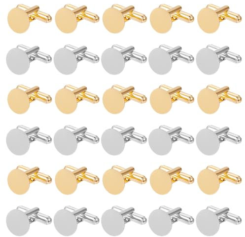GOMAKERER 30 Stück 2 Farben Blanko-Manschettenknöpfe Aus Messing, Goldene Flache Runde Manschettenknöpfe Aus Platin Geschäftlich Elegantes Geschenk Für Männer, Zum Selbermachen