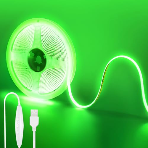 Clearhill 5V USB COB LED-Streifenluchten mit dimmbarem Schalter, 6.56FT / 2M, Grün, 320LEDs / M, 8mm Breite, Nicht wasserdicht IP20, 1.5M USB-Schalterkabel, für DIY Home Indoor Dekoration