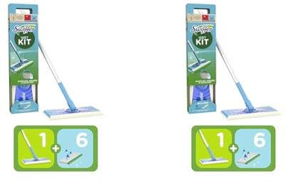 Swiffer Wet Kit, Balai-Laveur + 6 Lingettes Humides Nettoyantes pour Sols Humides, Antibactérien, Dissout, Absorbe Et Emprisonne La Saleté, Tête Pivotante 360° (Lot de 2)