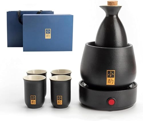 Set per Sake con scaldavivande, Set Tradizionale per saka Caldo da 6 Pezzi, Inclusa 1 Tazza riscaldante, 1 pentola per Sake, 4 Tazze per Sake e Confezione Regalo, 1 pentola 6 Tazze, Base elettrica (1
