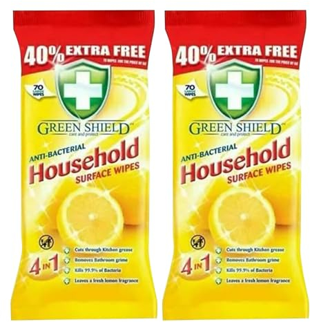 Antibacterial Household Surface Cleaning Wipes Lemon Scent 2 Pack (70 Wipes) | Multi-Surface Cleaner for Home, Kitchen, Bathroom & Office | Large Disposable Disinfectant Wipes for Everyday Use