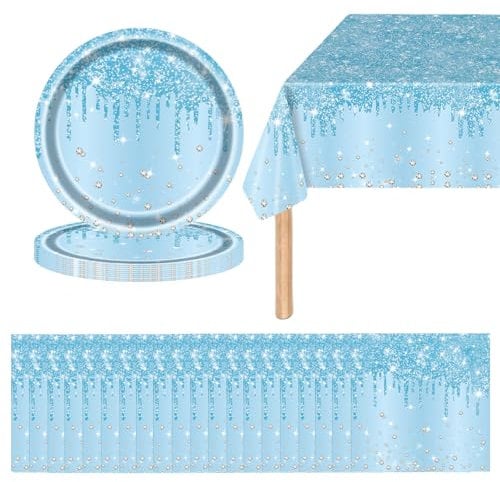 41Pcs Baby Blue Tableware Set - Shiny Glitter Diamond Party Plates, Napkins, Tablecloth and Dinnerware for Her Birthday, Wedding, Baby Shower