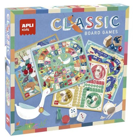APLI Kids 19147 - Juegos reunidos 4 en 1, set de 4 juegos clásicos de mesa ilustrados: oca, parchís,escaleras y 4 en raya.