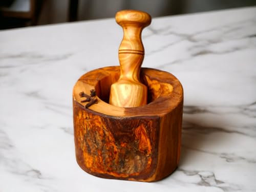 Natural Rustic Olive Wood Mortar and Pestle Set | Handmade Spices and Herbs Grinder Wooden Mortar with Pestle Nuts Smasher Bowl Garlic Press | Kitchen Essentials Rustic Decor (Natural Wood, 9 cm)
