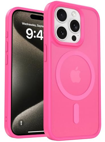 Kmofizle Magnetic Phone Case for iPhone 15 Pro Max Case MagSafe and 2X HD Screen Protector, Shockproof Military Grade Drop Protection, Frosted Translucent Back iPhone 15 Pro Max Phone Cover, Hot Pink