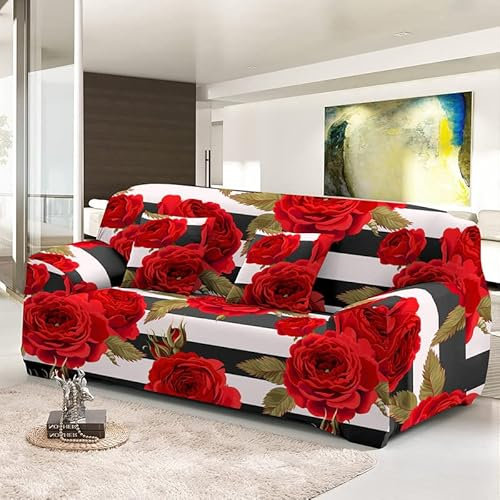 Sofa überwurf Gestreift Schwarz Rot Sofa überzug Stretch Sofahusse Sofabezug Ecksofa mit Elastischen Boden Sofabezug L Form Universal Couchbezug Waschbar Couch überzug 1 Sitzer