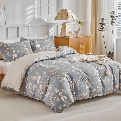 Tokokimo Bettwäsche 220x240 3teilig - Bettwäsche-Sets mit 2 Kopfkissenbezüge mit Reißverschluss 80x80 cm - Blumenzweig Muster Mikrofaser Bettbezug für Doppelbetten mit Reißverschluss, Graubraun