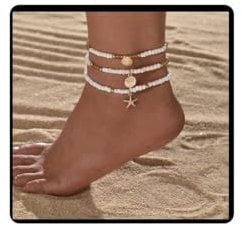 Jascatin 3PCS Beach Layered Scallop Gold Starfish Anklets Peace Tree Pendant Ankle Bracelet Seed Beads Beach Summer Elastic Foot Jewelry for Women (White)