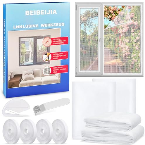4 Stück Fliegengitter Fenster, Insektenschutz Fenster 130x150cm, Fliegennetz Fenster, Moskitonetz Fenster, mit Klettband Selbstklebend, Schützen die Familie vor Insekten (Weiß)