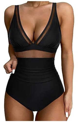 Maillot de Bain Femme 1 Pieces Gainant Push Up Amaincissant Sexy Col V Ventre Plat Bretelles Spaghetti Réglables Froncé Devant Vetement De Plage Contrôle du Ventre Rembourré