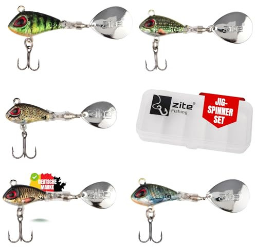 Zite Fishing Jigspinner Set | 5 Stück Spin Jig Barschköder 5g, 10g, 15g | Spinner Barschangeln Zanderangeln | Raubfischköder für Barsch, Zander & Hecht | Spinn-Köder inklusive Tackle-Box (Natur)
