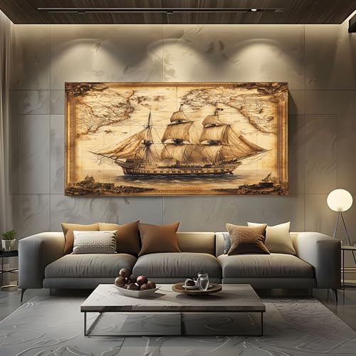Historisches Segelschiff Wandbilder Dekoration Wohnzimmer Leinwand Bilder | Segel Wellen Leinwandbild Schlafzimmer Deko, Groß Kunstdruck Art Wanddeko Bild Decor Canvas 70x140 cm Rahmenlos Pergament