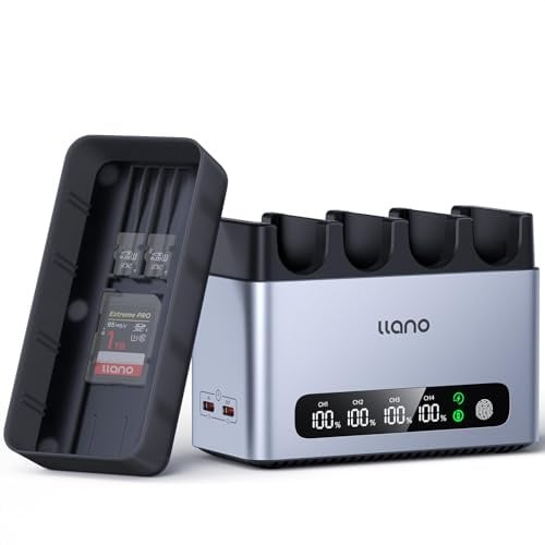 llano LP-E6P LP-E6NH Akku-Schnellladegerät, 65W 4-Slot, CNC-Alu, USB-C-Box | Für EOS R5, R5 C, R6, R6 Mark II, R6 V, R7, R, 5D Mark IV/III/II, 5DS R, 6D Mark II, LED-Anzeige, für 2 SD-Karte,Magnetdeckel