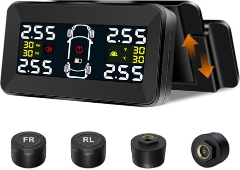 Airpuxem TPMS Reifendruckkontrollsystem 4/2 Rad-Modi mit Abnehmbare Halterung 0,01 Bar Solar/Typ-C Ladung Reifendruckkontrollsystem mit 6 Alarm-Modus mit 4 Externe Reifendrucksensor für 21-87Psi
