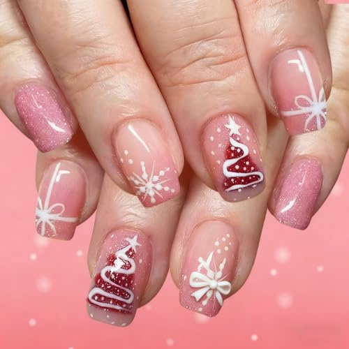 24 Stück Press on Nails Weihnachtsnägel - Rosa Gradient Nägel zum Aufkleben, Pink Fake Nails Fingernägel zum Aufkleben Full Cover Acrylnägel für Frauen Mädchen Nail Art Maniküre (Rosa Glitzer)