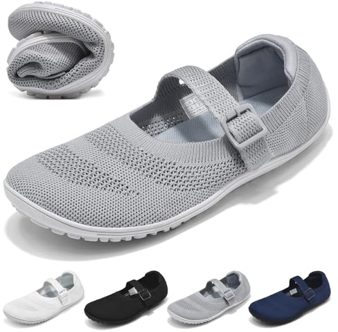 Wizshoe Damen Barfuß Ballerinas Elegante Flache Sommer Runde Barfuss Schuhe Barfußschuhe Damenschuhe Slipper Slip-On mit Riemchen und Schnalle Walking Flats Schuhe Frauen Leicht Ballerina Grau 39 EU