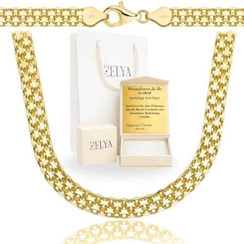ZELYA gold kette 925/585 14K – Vergoldete Bismark Kette 3-6 mm breite, Länge 45–60 cm, massive Echt- Silber Gold Halskette für Damen, Eleganter personalisierter Damenschmuck, Gravur, Geschenkset