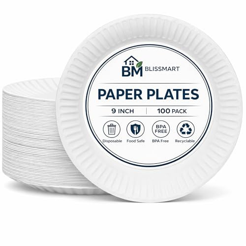 BLISSMART Paper Plates 100 Pack 9 Inch Disposable Plates for Party Birthday Picnic BBQ Biodegradable White Paper Plates Everyday Use Microwave Safe Recyclable Eco-Friendly (9inch 100pk)