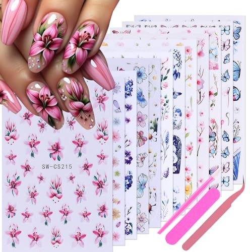 Giyehehi 12 Sheets Flower Nail Stickers for Nail Art, Spring Butterfly Nail Stickers with Tweezers, 3D Floral Petal Nail Art Designs, Self-Adhesive Daisy Nail Decorations