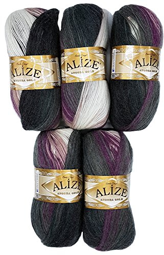 Alize 5 x 100 g Strickwolle mehrfarbig mit Farbverlauf, 500 Gramm Strickgarn mit 20% Wolle-Anteil (beere lila grau weiß 1986)