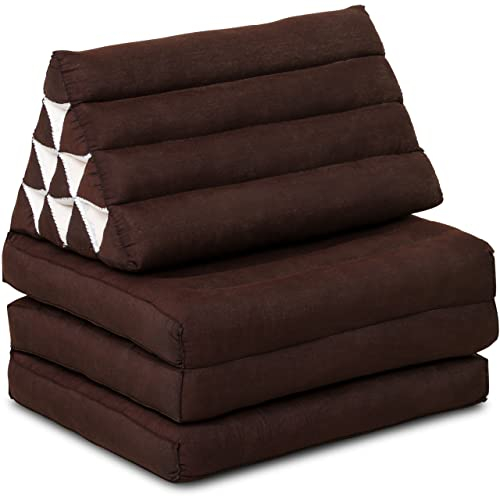 livasia Thaikissen 3 Auflagen einfarbig - 175x50x8cm - Dreieckskissen Klappmatratze, Keilkissen Kapok, Rückenkissen faltbar, Thaimatte Klappen, handgefertigt, Meditationskissen (Braun Uni)
