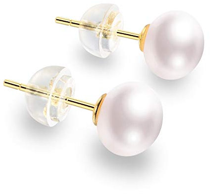 Boucles d'oreilles en argent sterling 925 plaqué or 18 carats avec perles de culture naturelles et bouton blanc (8mm)