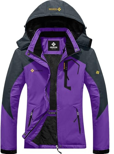 GEMYSE Damen Wasserdichte Berg-Skijacke Winddichte Skijacke Fleece Outdoor-Winterjacke mit Kapuze (Lila Grau,L)