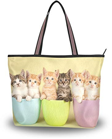 BKEOY große Damen-Hand-Schultertasche mit Katzenmotiv und Reißverschluss, Einkaufstasche, Mehrfarbig - multi - Größe: Large