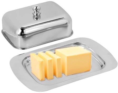 Agatige Beurrier avec Couvercle Inox, 19 x 12.5 x 4.2 cm Argent Conteneur à Beurrier Traditionnel avec Poignée Ergonomique pour Cuisine