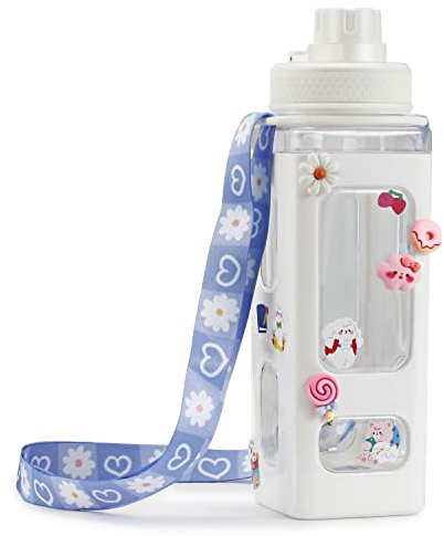 NEWSTYP Kawaii Bear - Botella de agua con adhesivo 3D, 700 ml, plástico, para viajes, té, zumo, leche, portátil, bonita botella de regalo (blanco)