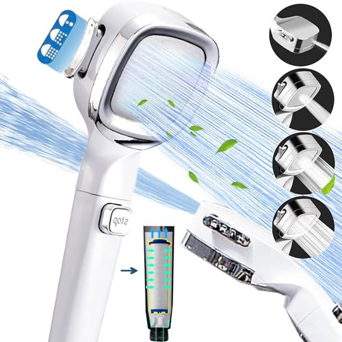 ReeGee Filtered Shower Head with Water Saving Showerhead with Stop Button, 4 Settings High Pressure Showerhead,Built-in Powerful Jet to Clean Tub, Tile & Pet