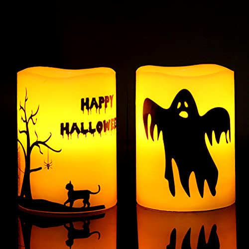 Eldnacele Halloween LED Kerzen mit 6-Stunden-Timer, flackernde flammenlose Stumpenkerzen, 2er-Set Geister, Katzenmuster für Halloween-Dekorationsgeschenke (7,5 cm x 10 cm)
