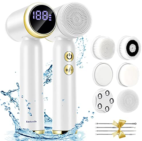 Easterville Facial Cleansing Brush-Rechargeable Face Brush IPX6 Waterproof Spin Face Scrubber, Face Exfoliator Brush-3 Speeds&6 Brushes for Cleansing Silicone Face Cleanser, A-white, 420.0 g